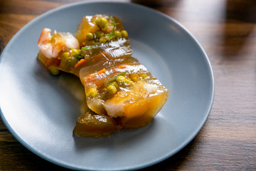 Aspic from sterlet, pikeperch and shrimp in the cut. Master class in the kitchen. The process of cooking. Step by step. Tutorial. Close-up
