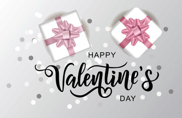 Happy Valentine's Day hand lettering typography with realistic looking gift boxes and confetti. Vector design for greeting cards, banner, poster template. Celebration illustration.