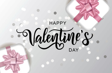 Fototapeta na wymiar Happy Valentine's Day hand lettering typography with realistic looking gift boxes and confetti. Vector design for greeting cards, banner, poster template. Celebration illustration.