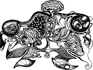 A drawing with two souls that tripe in one another. Cosmos, lotus, ghosts. Psychedelic pattern.