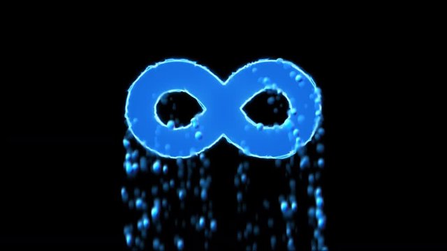 Liquid symbol infinity appears with water droplets. Then dissolves with drops of water. Alpha channel black