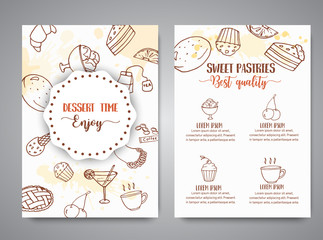 Bakery poster template with pastries. Sweet pastry, cupcakes, dessert cards with chocolate cake, sweets.