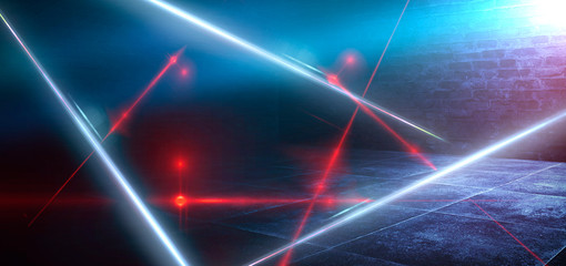 Dark room, street, tunnel, corridor, background with searchlight rays and a red laser beam, smoke, smog, dust. Abstract dark blue background with neon and rays. 