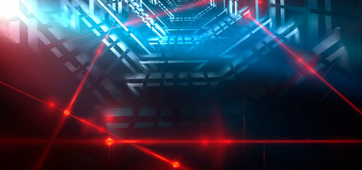 Dark room, a tunnel, a corridor with rays of light and a red laser beam of red color, smoke, smog, dust. Abstract dark blue background with light effect, neon.