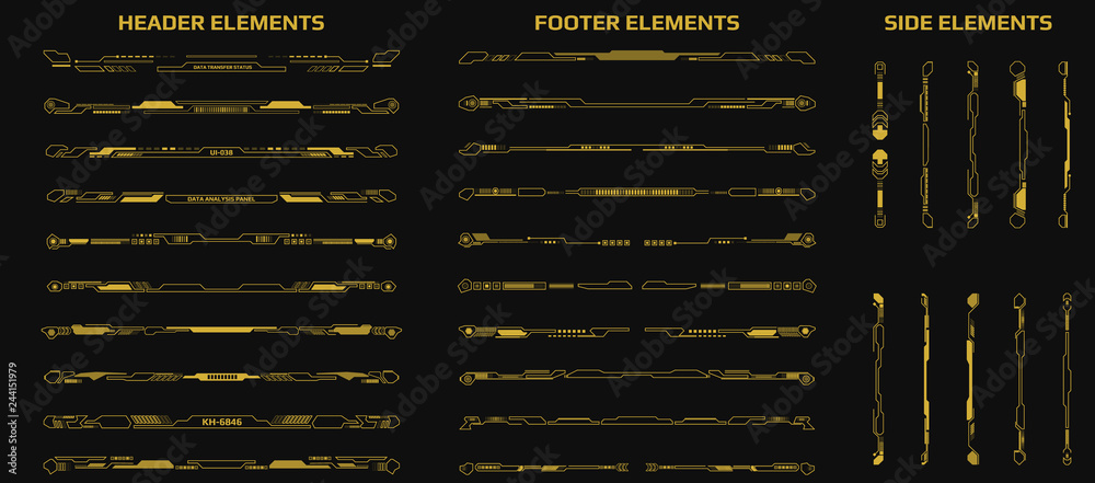 Fototapete HUD Futuristic Header Footer And Side Elements Set For UI Game Inforgraphic Frame Vector. Gold Abstract Future Cyber Gadget Bar Shape Display Design Illustration.