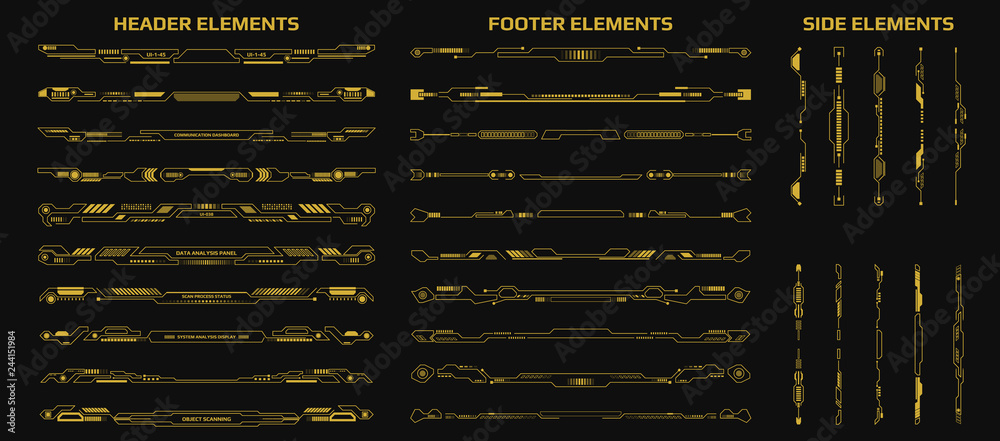 Fototapete HUD Futuristic Header Footer And Side Elements Set For UI Game Inforgraphic Frame Vector. Gold Abstract Future Cyber Gadget Bar Shape Display Design Illustration.