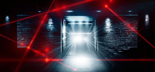 Dark room, a tunnel, a corridor with rays of light and a red laser beam of red color, smoke, smog,...