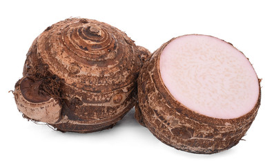 whole and half taro isolated on white background
