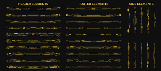 HUD Futuristic Header Footer And Side Elements Set For UI Game Inforgraphic Frame Vector. Gold Abstract Future Cyber Gadget Bar Shape Display Design Illustration.