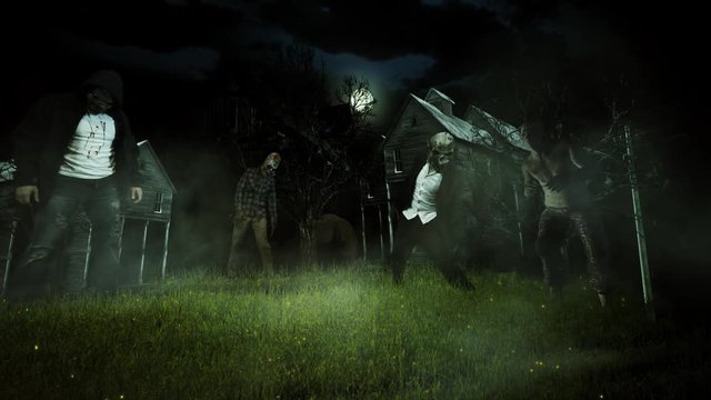 Old House Field of Zombies 4K Loop features a field of Zombies in front of an old broken down house with a foggy atmosphere and lightning bugs