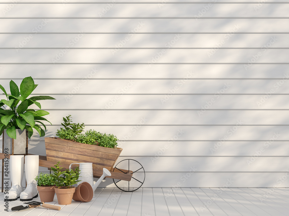 Wall mural outdoor terrace with garden equipment 3d render,there are empty white wood plank wall and floor,sunl