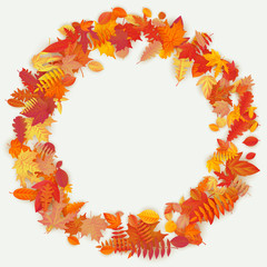 Wreath made of autumn flowers and leaves on light background. Autumn composition. EPS 10