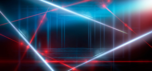 Dark room, a tunnel, a corridor with rays of light and a red laser beam of red color, smoke, smog, dust. Abstract dark blue background with light effect, neon.