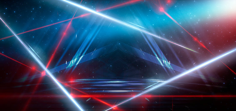 Dark room, a tunnel, a corridor with rays of light and a red laser beam of red color, smoke, smog, dust. Abstract dark blue background with light effect, neon.