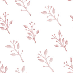 Valentines day. Seamless pattern. Watercolor style pink branches with berries on the flat white background