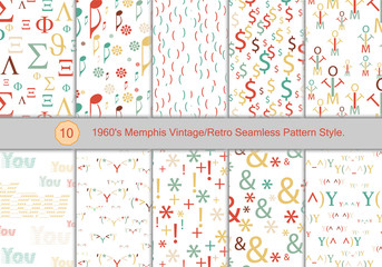 Set of 1960's Memphis Vintage/Retro Seamless Pattern Style.  The Pattern color was inspired by Men's and Women's clothing from  Memphis 1960's. Colorful Vintage background. 