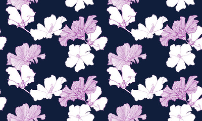 Vector tropical seamless pattern. Abstract exotic plants on dark blue background. Hand drawn flowers.