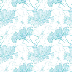 Vector tropical seamless pattern. Abstract exotic blue plants on white background. Hand drawn textile print.
