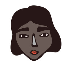 Minimalistic linear female portrait. Dark short hair, dark face with brown eyes. Vietnamese facial features. Scandinavian primitive graphic style. Simple colour combination