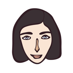 Minimalistic linear female portrait. Dark haired girl, white face with light eyes. Simple facial features. Scandinavian primitive graphic style. Calm colour combination. Blog, social media feed