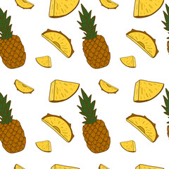 Vector seamless pattern with pineapple  isolated on white background. Exotic tropical fruits. Hand drawn pineapple clip art in cartoon style. Textile print.