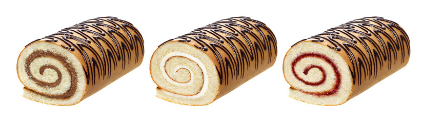 Sponge cake roll isolated on white background, with chocolate, vanilla and berry cream, different...