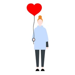 Female ginger character with hair bun holding a red balloon heart. Saint Valentines Day. Love. Flat editable vector clip art