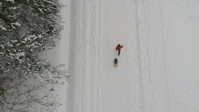 Man and a boy sledging, aerial view