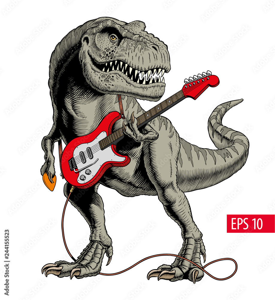 Wall mural Dinosaur playing electric guitar. Tyrannosaurus or T. rex. Comic style vector illustration.