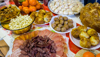 Variety of dishes and food on a table