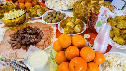 Variety of dishes and food on a table