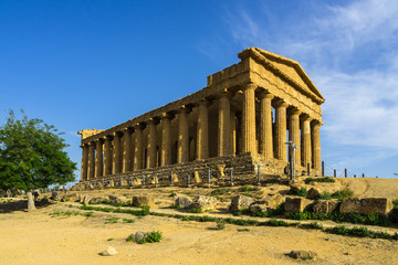 Fototapeta premium Side view of the Temple of Concordia lighted by late afternoon sunset, Valle dei Templi (Valley of the Temples), Agrigento, Sicily, Italy