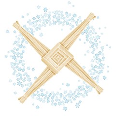 Brigid's Cross in a wreath of snowflakes. Imbolc pagan holiday template Vector postcard