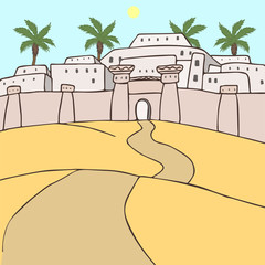 ancient oriental city at desert landscape cartoon
