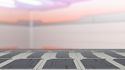 Empty desk space platform with Blur sci-fi Background 3d illustration