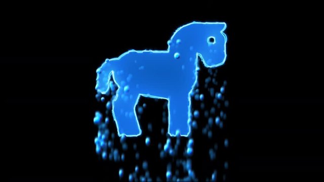 Liquid symbol horse appears with water droplets. Then dissolves with drops of water. Alpha channel black