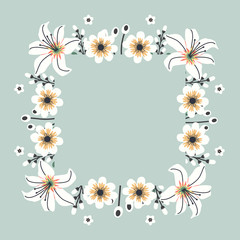 Floral greeting card and invitation template for wedding or birthday anniversary, Vector shape of text box label and frame, Spring flowers wreath ivy style with branch and leaves.