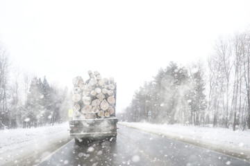 A lorry transports log in the back. Timber truck