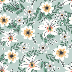 Floral vector artwork for apparel and fashion fabrics, Spring flowers wreath ivy style with branch and leaves. Seamless patterns background.