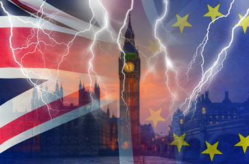 No Deal BREXIT conceptual image of lightning over London and UK and EU flags symbolising...