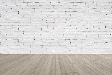 Brick wall with wooden floor textured background in light grey with vignette