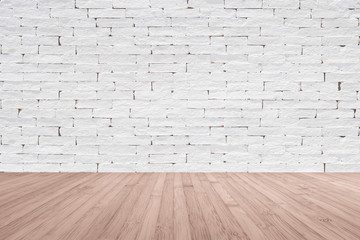 Brick wall with wooden floor textured background in light grey with vignette