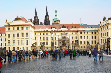 Prague, Czech Republic, Hradcany square. The Central gate of the Hradcany Castle. From Hradcany square you can enter the Prague castle through the front gate of the Giants