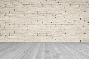 Brick wall with wooden floor textured background in light grey with vignette