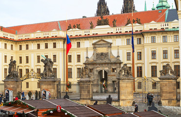 Prague, Czech Republic, Central gate of Hradcany Castle. With Hradcany square in Hradcany Castle you can enter through the front Gate of the Giants, decorated with statues.