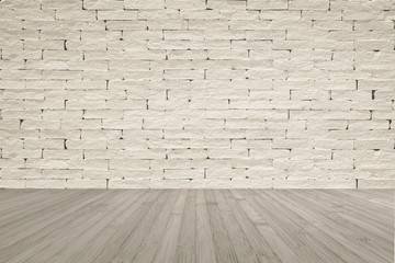 Brick wall painted in cream beige color with wooden floor textured background in sepia brown