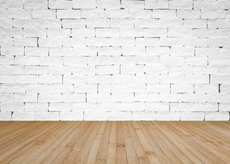 Brick wall painted in white with wooden floor textured background in natural yellow brown