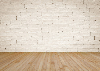 Brick wall painted in cream beige color with wooden floor textured background in natural yellow brown