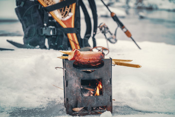  Firebox stove and grilled sausage. Picnic fishing.