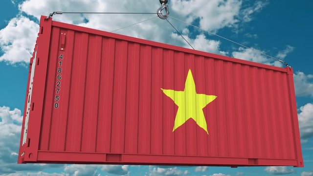 Container with flag of Vietnam. Vietnamese import or export related conceptual 3D animation